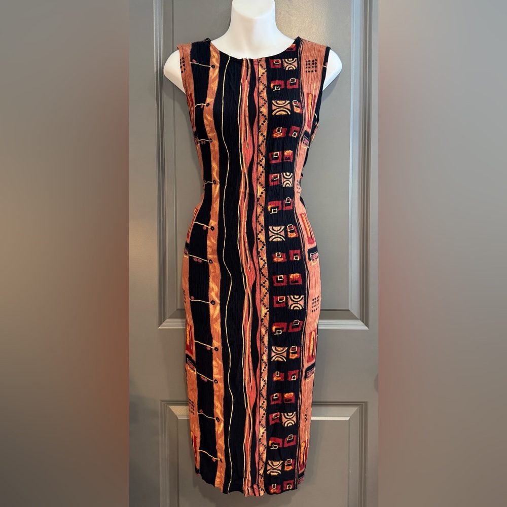 Sag Harbor Vintage 90s Black and Orange Geometric Maxi Dress